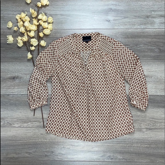 Cynthia Rowley Geometric Blouse Cream Brown M - Picture 6 of 16